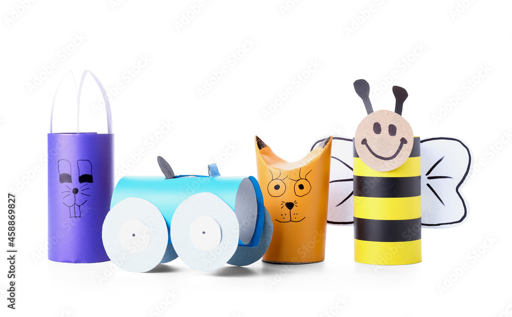 Rabbit, car, fox and bee made of cardboard tube for toilet paper on white background