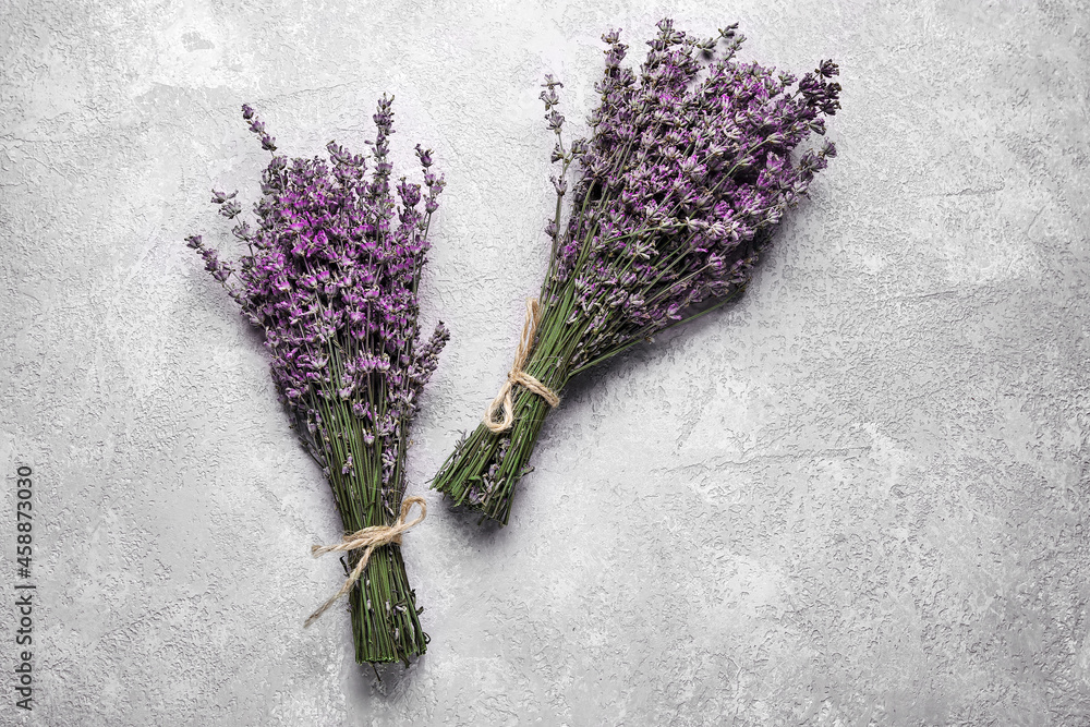 Bouquets of fresh lavender flowers on grey background