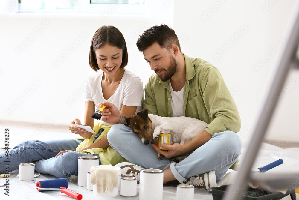 年轻夫妇带着可爱的狗在修理新房时休息