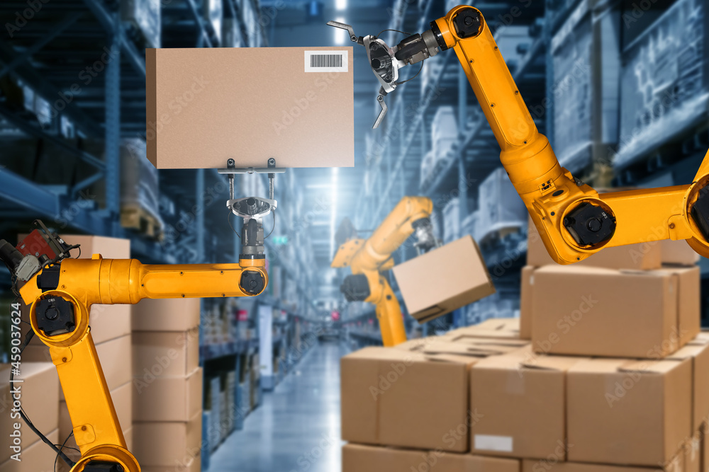 Smart robot arm system for innovative warehouse and factory digital technology . Automation manufact