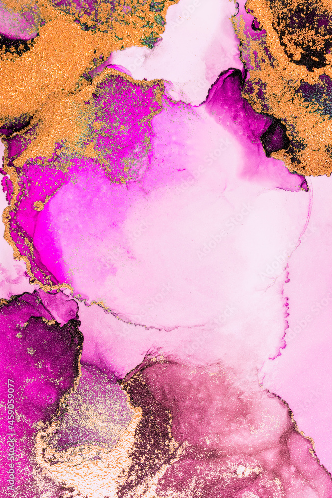 Pink gold abstract background of marble liquid ink art painting on paper . Image of original artwork