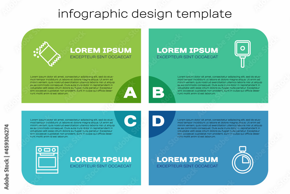 Set line Oven, Packet of pepper, Stopwatch and Frying pan. Business infographic template. Vector
