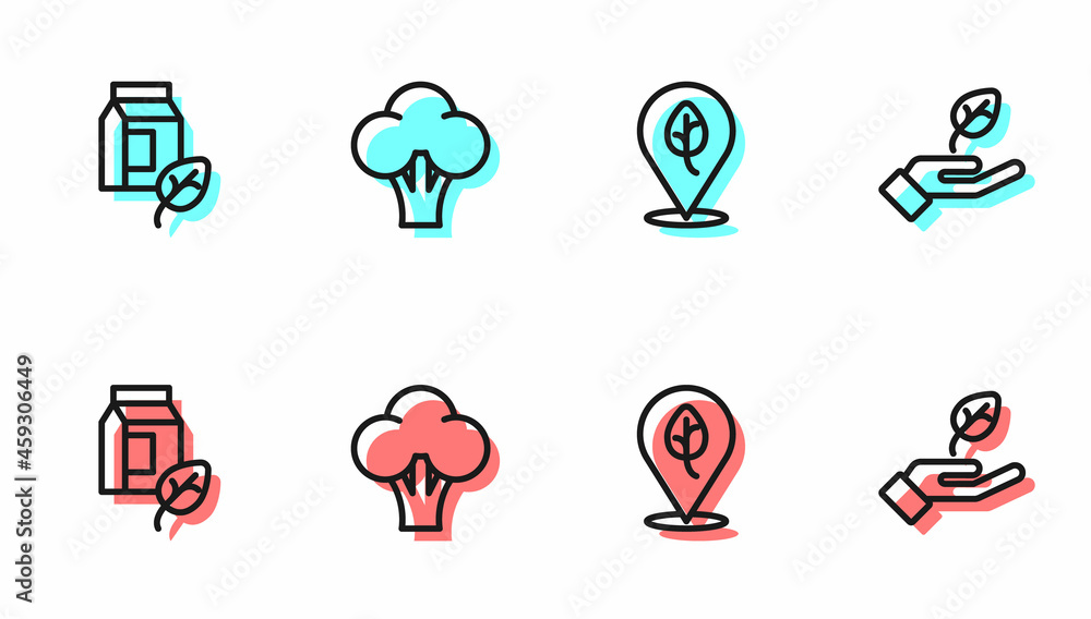 Set line Vegan food diet, milk, Broccoli and Plant in hand icon. Vector