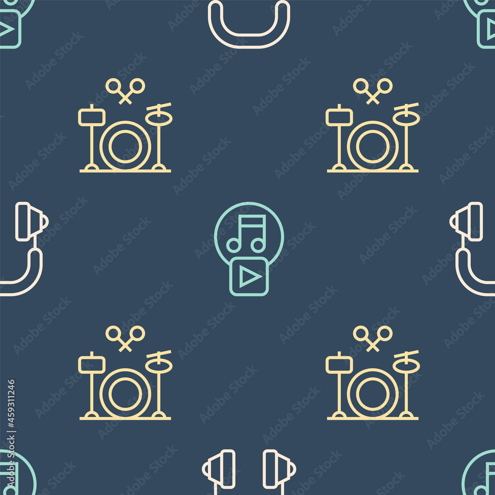 Set line Headphones, Drums and Play in square on seamless pattern. Vector