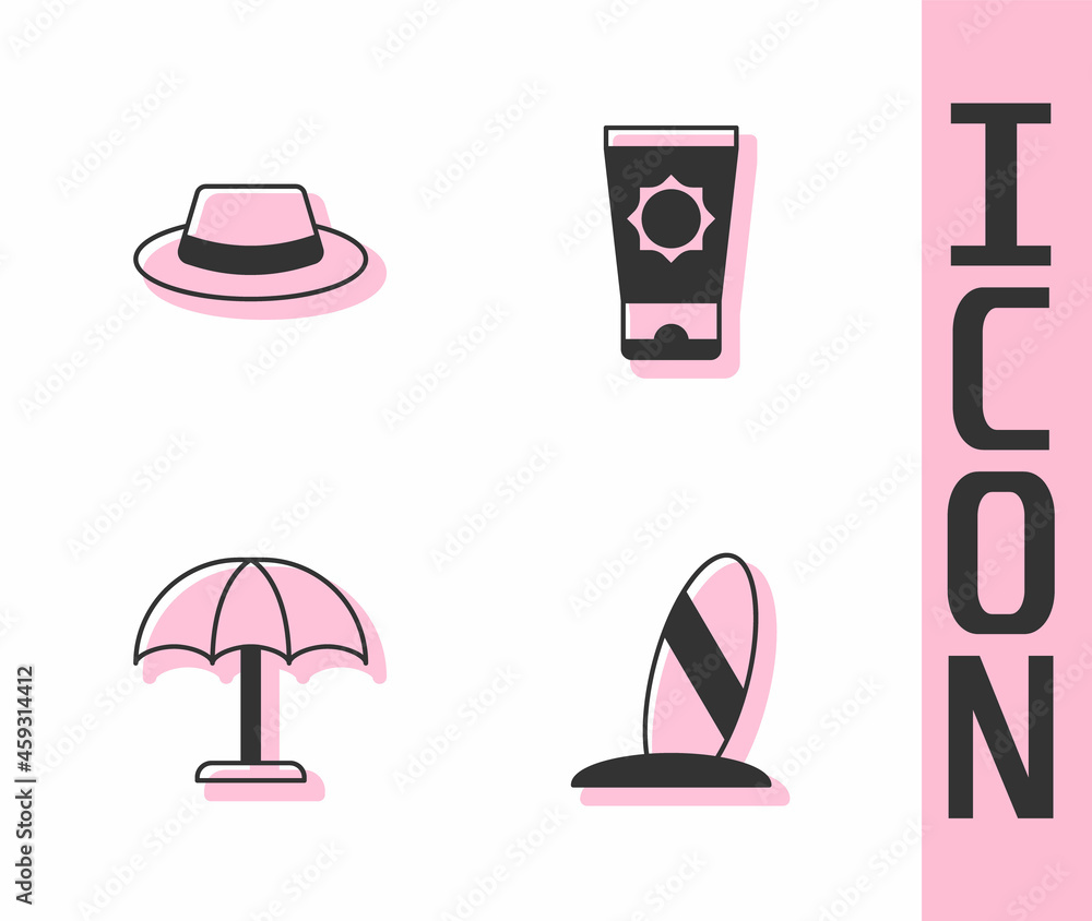 Set Surfboard, Man hat with ribbon, Sun protective umbrella and Sunscreen cream in tube icon. Vector