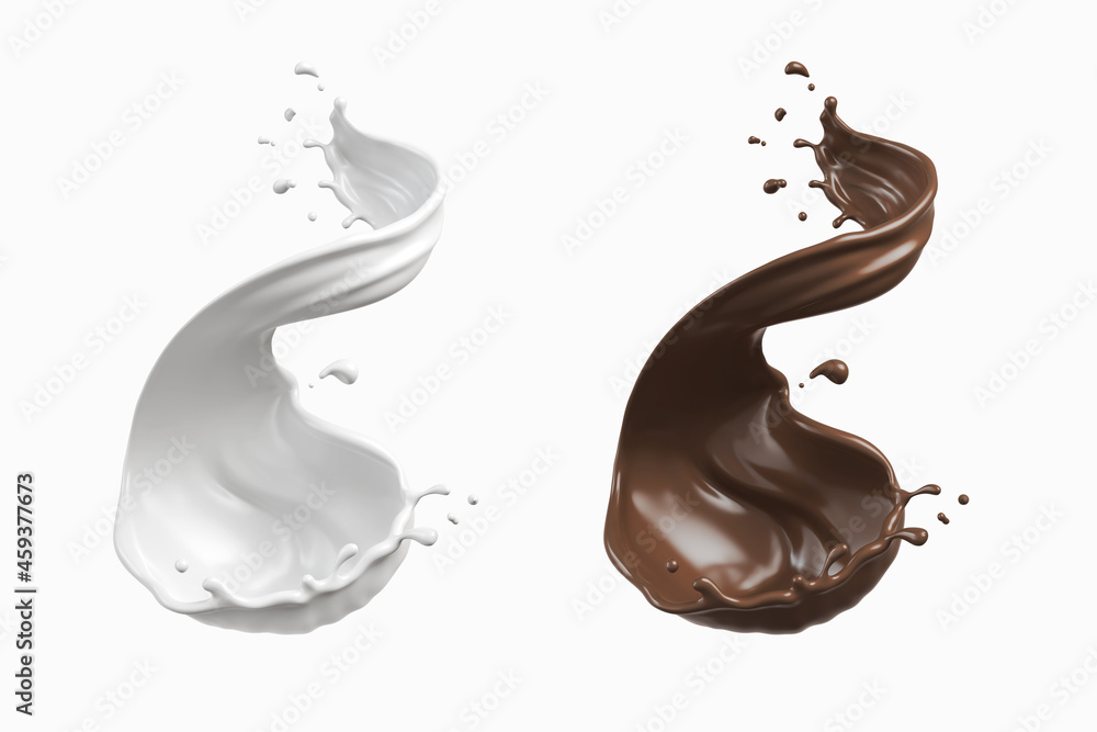 Chocolate or Cocoa and Milk splash isolated on white background Include clipping path, 3d illustrati