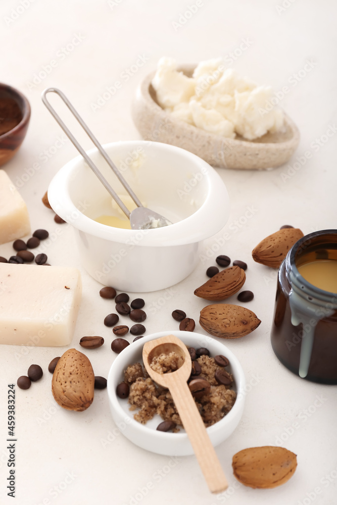 Different natural ingredients for homemade cosmetics on white background