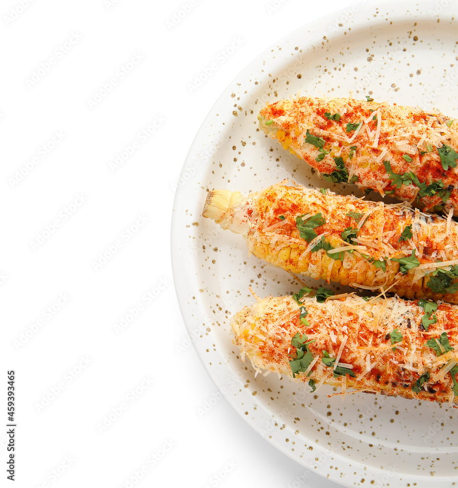 Plate with tasty Elote Mexican Street Corn on white background, closeup