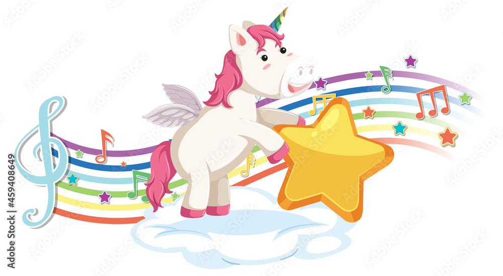 Cute unicorn holding star with melody symbols on rainbow