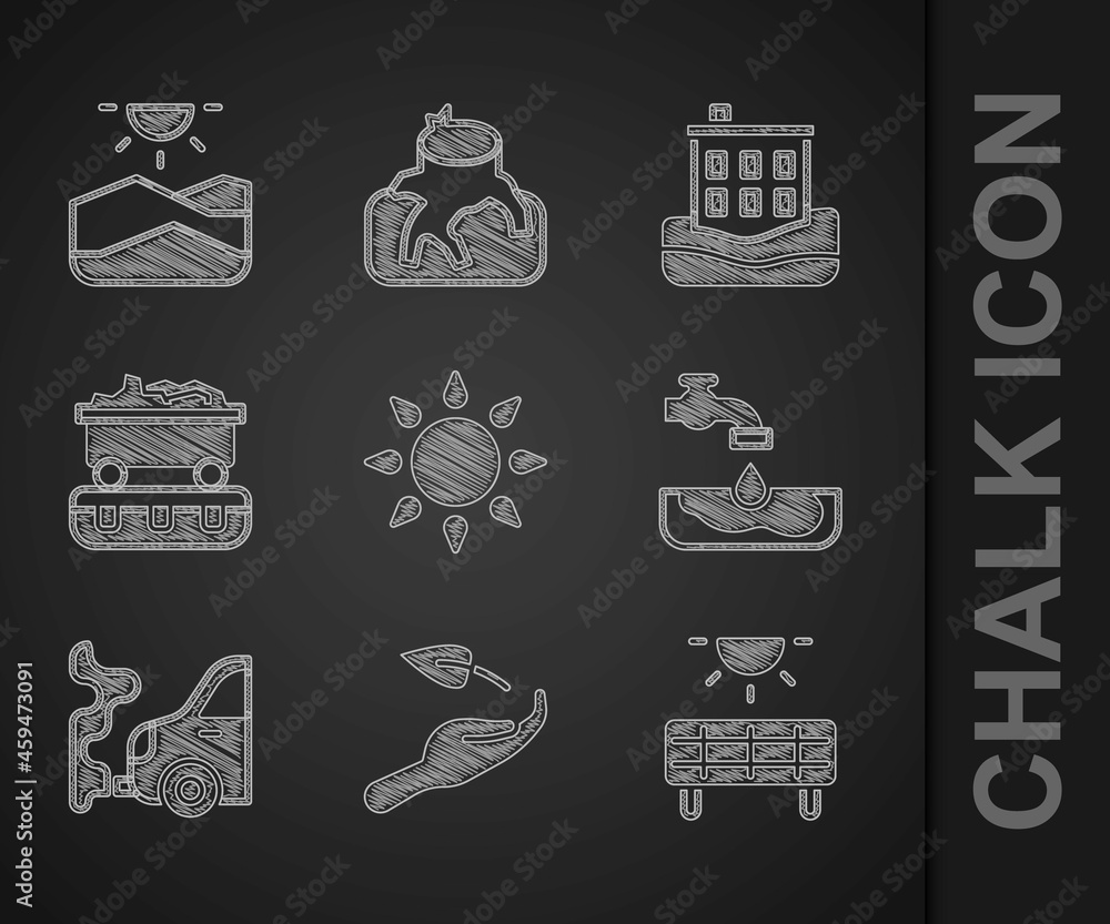 Set Sun, Sprout in hand, Solar energy panel, Water problem, Car exhaust, Coal train wagon, House flo