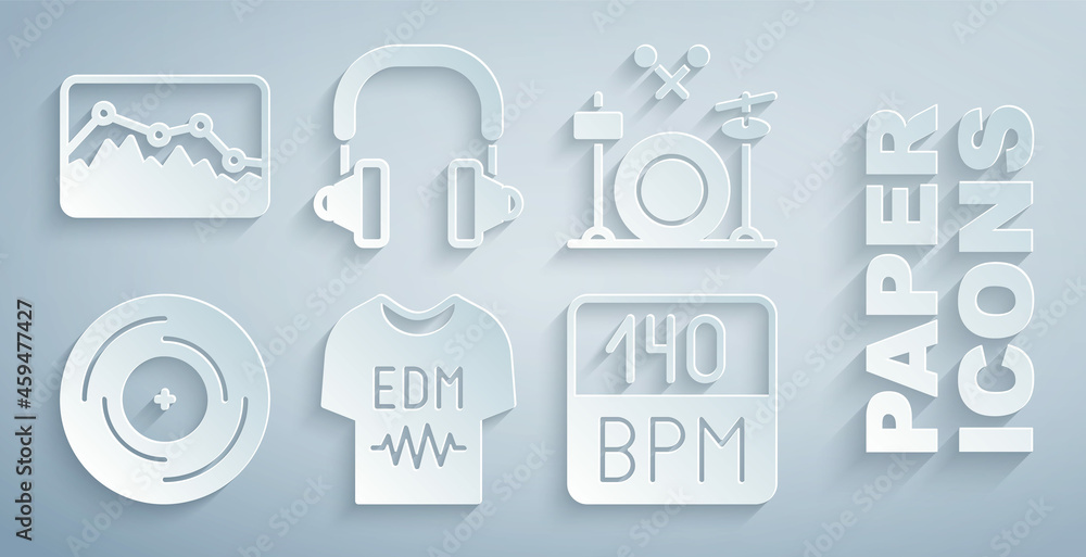 Set T-shirt, Drums, Vinyl disk, Bitrate, Headphones and Music wave equalizer icon. Vector