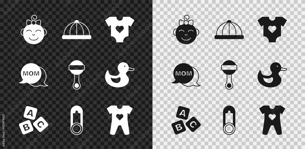 Set Little girl head, Baby hat, clothes, ABC blocks, pin, Speech bubble mom and Rattle baby toy icon