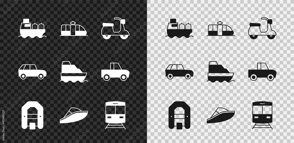 Set Oil tanker ship, Tram and railway, Scooter, Rafting boat, Speedboat, Train, Car and Cruise icon.