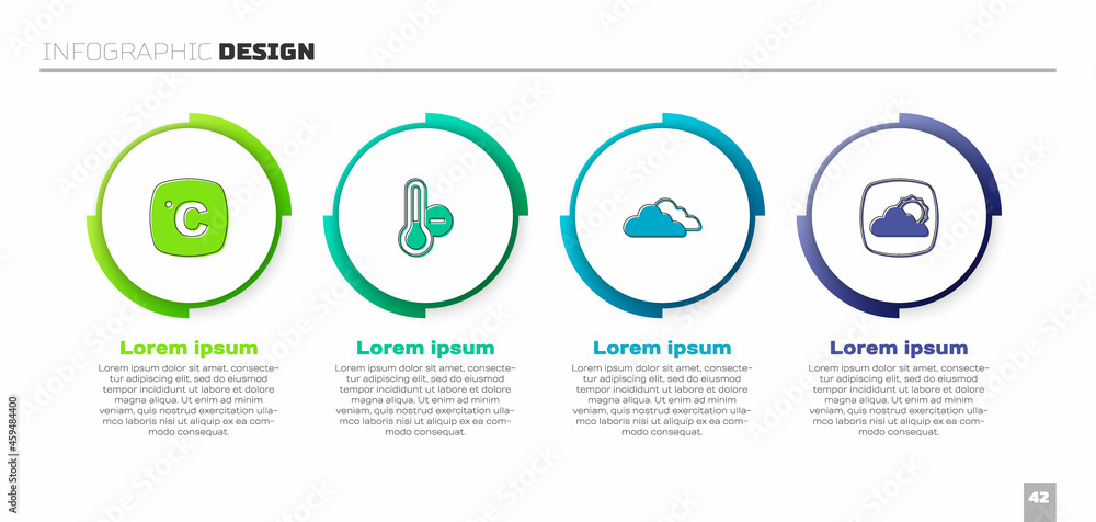 Set Celsius, Meteorology thermometer, Cloud and Weather forecast. Business infographic template. Vec