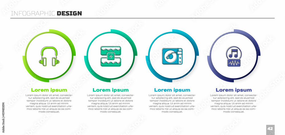 套装耳机、音乐均衡器、带黑胶唱片和音符、音调的黑胶播放器。商业信息图表