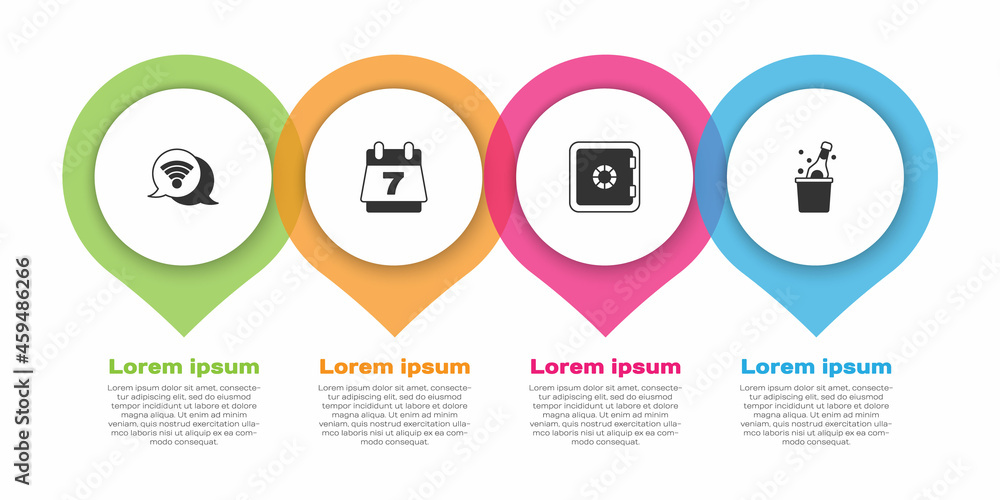 Set Wi-Fi wireless internet, Hotel booking calendar, Safe and Bottle of champagne. Business infograp