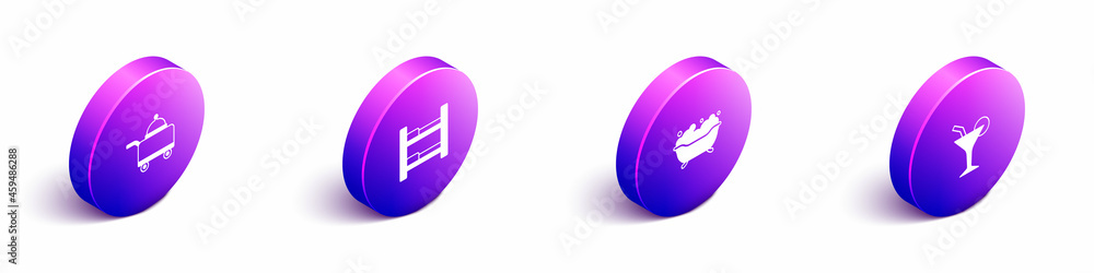 Set Isometric Covered with tray of foods，Hotel room bed，Bathtub and Cocktail icon.Vector（套装等距图，上面有食物