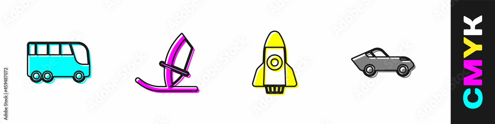 设置巴士、风帆冲浪、火箭船和汽车图标。矢量