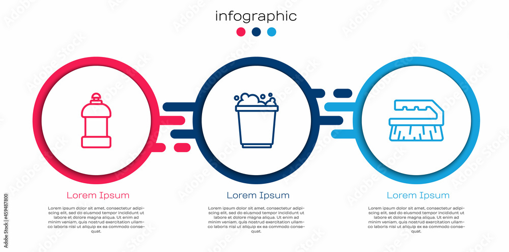 Set line Bottle for cleaning agent, Bucket with foam and Brush. Business infographic template. Vecto