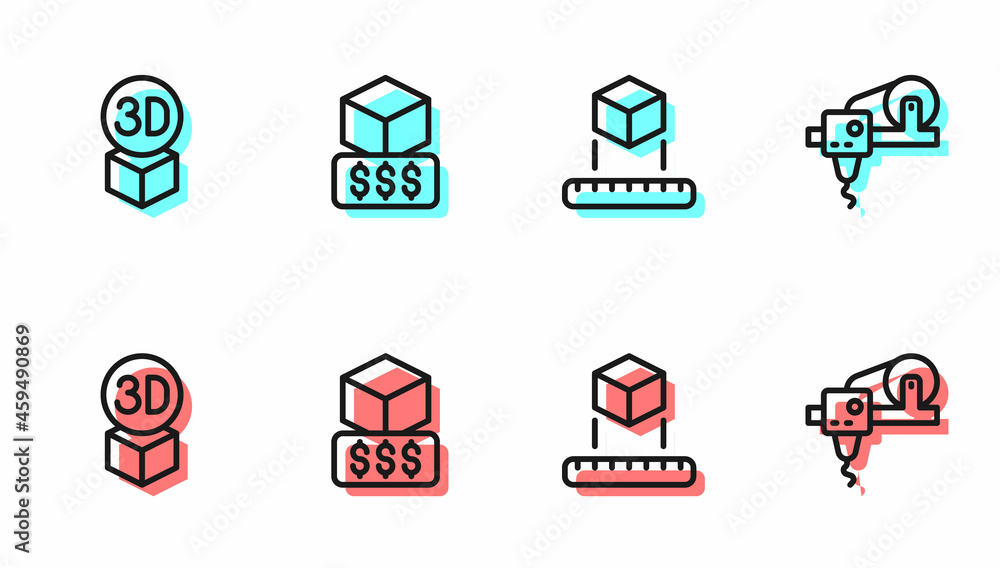 Set line Isometric cube, , 3D printer services and icon. Vector