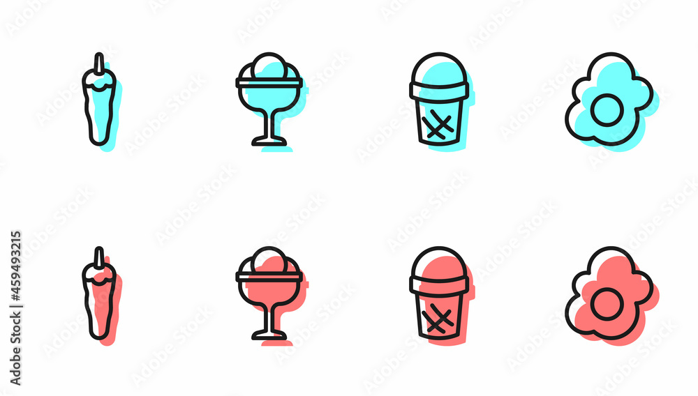 Set line Ice cream in waffle, Hot chili pepper, the bowl and Scrambled egg icon. Vector