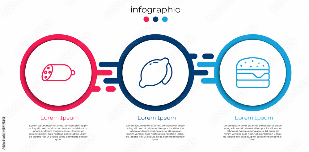 Set line Salami sausage, Lemon and Burger. Business infographic template. Vector