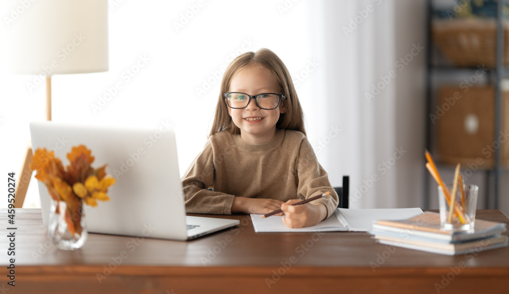 Girl doing homework or online education.