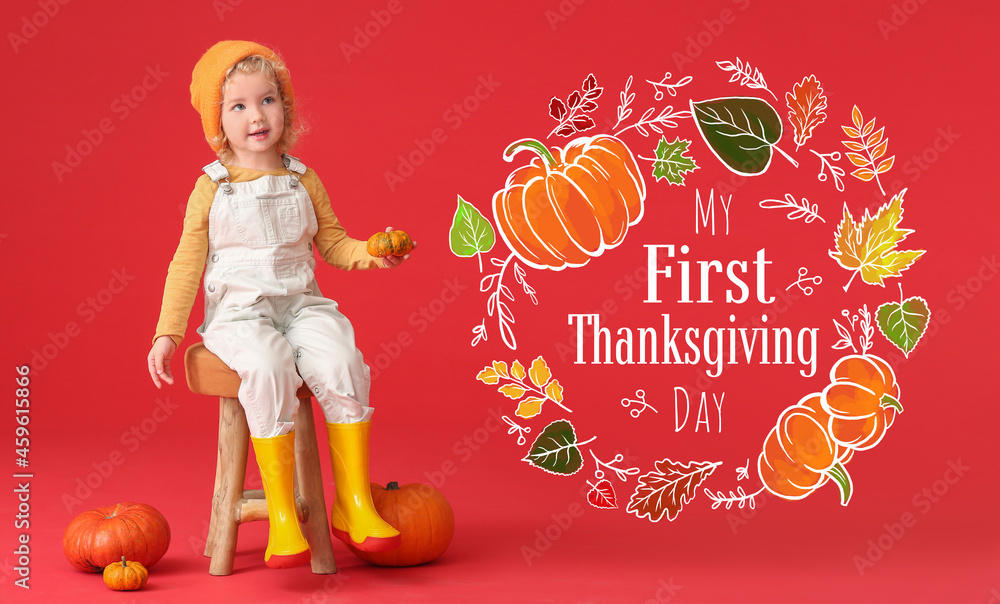 Cute little girl with pumpkins on color background. First Thanksgiving Day celebration