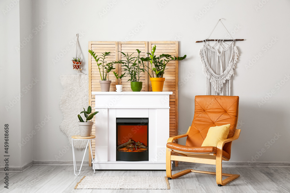 Modern fireplace in interior of living room