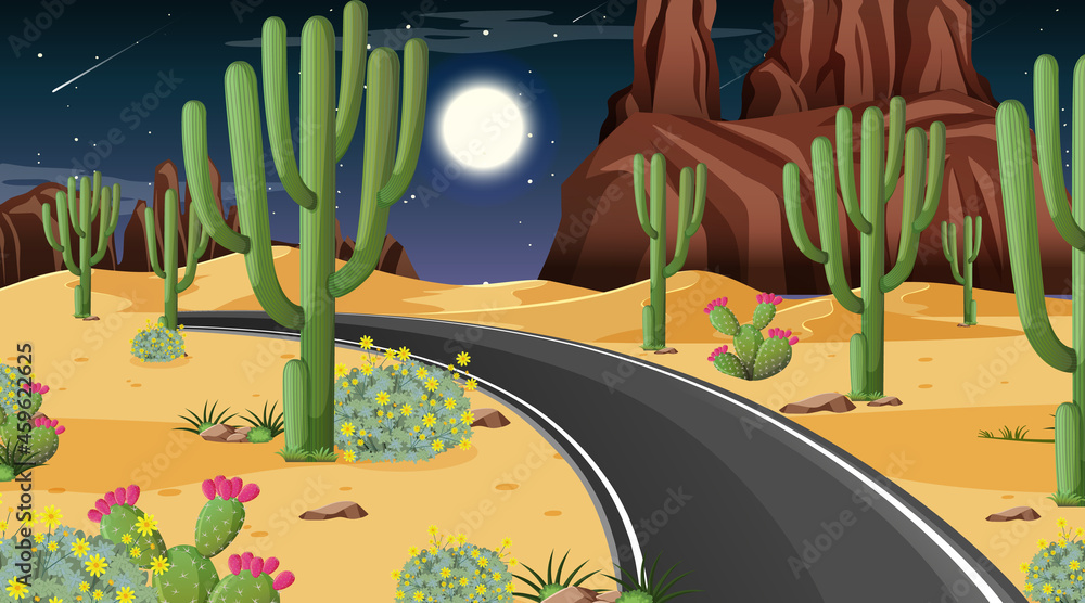 Desert forest landscape at night scene with long road