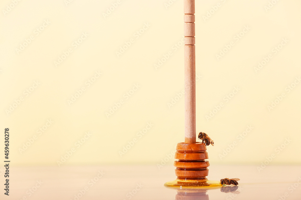 Dipper with honey and bees on color background