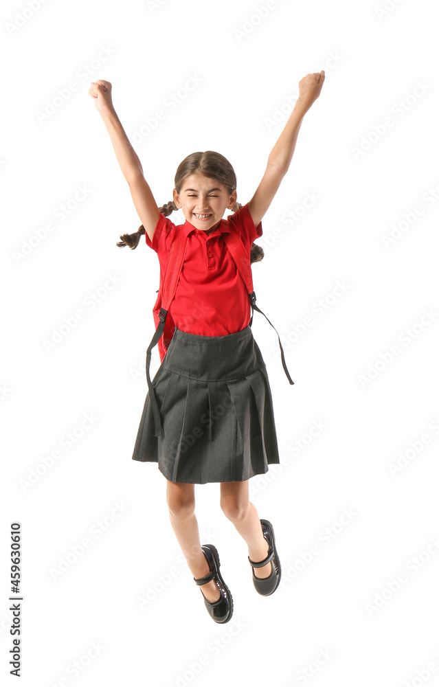 Jumping schoolgirl on white background