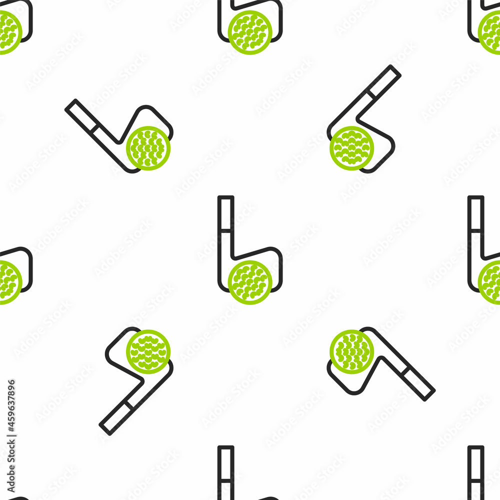 Line Golf club with ball icon isolated seamless pattern on white background. Vector