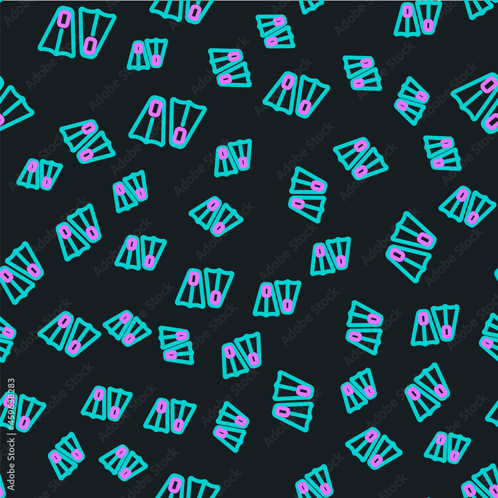 Line Rubber flippers for swimming icon isolated seamless pattern on black background. Diving equipme