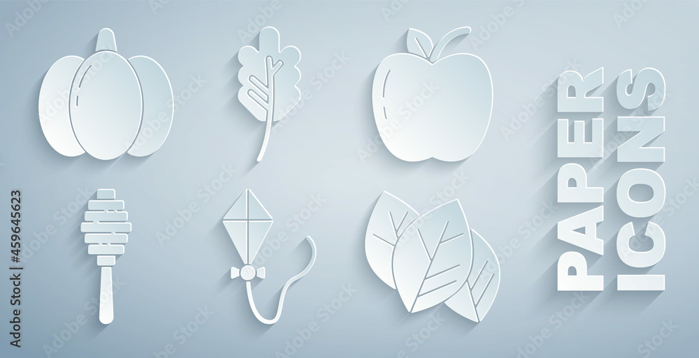 Set Kite, Apple, Honey dipper stick, Leaf or leaves, and Pumpkin icon. Vector