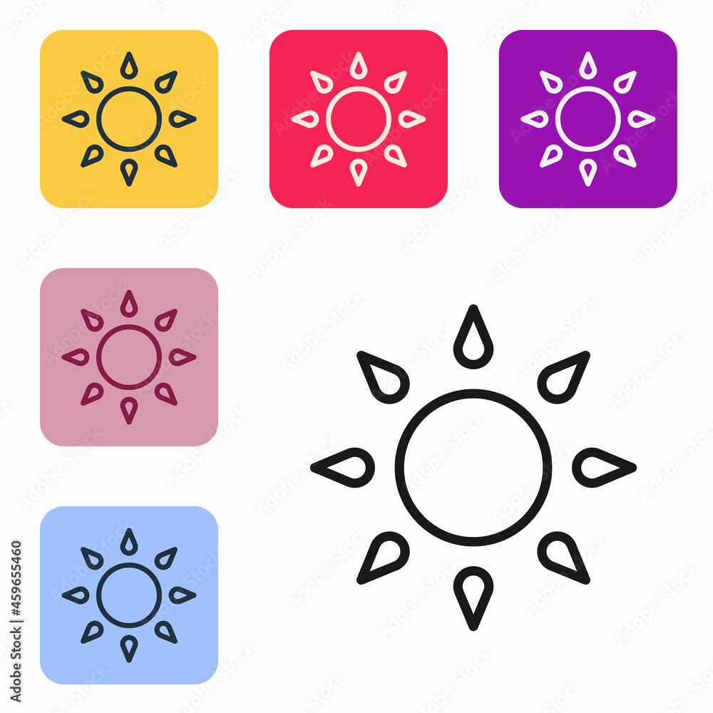 Black line Sun icon isolated on white background. Set icons in color square buttons. Vector