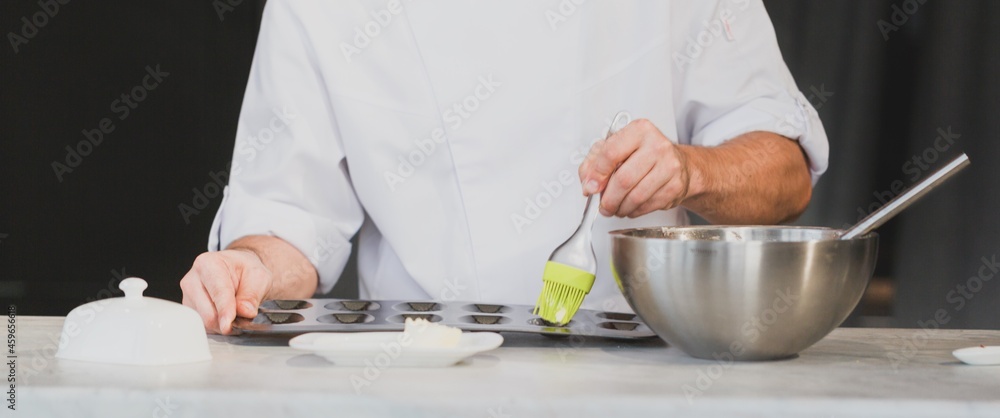 Pastry chef decoration delicious, serving for customers in bakery