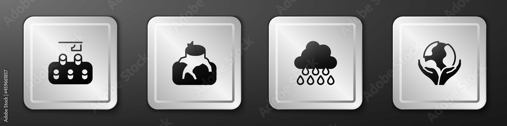 Set Deforestation, , Cloud with rain and Hand holding Earth globe icon. Silver square button. Vector