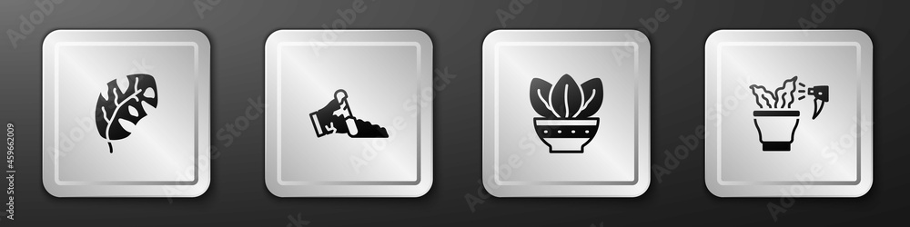 Set Tropical leaves, Broken pot, Plant in and Spraying plant icon. Silver square button. Vector