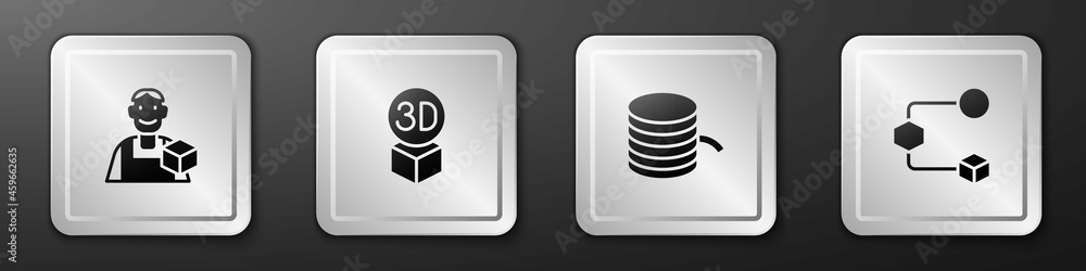 Set Graphic designer, Isometric cube, Filament for 3D printer and icon. Silver square button. Vector