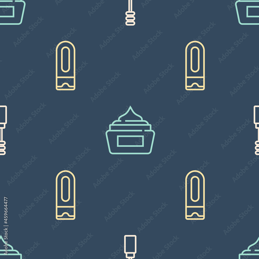 Set line Mascara brush, Bottle of shampoo and Cream or lotion cosmetic tube on seamless pattern. Vec