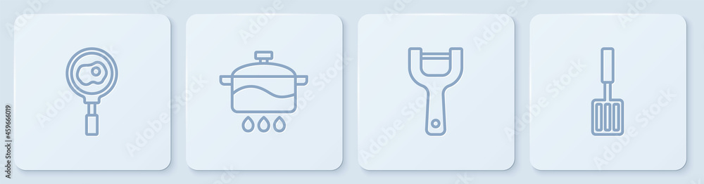 将煎蛋放在煎锅、蔬菜削皮器、烹饪锅和烧烤抹刀上。白色正方形