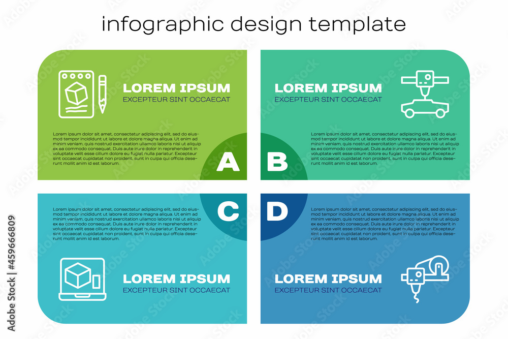 设置3D打印机、纸上草图和汽车。商业信息图模板。矢量