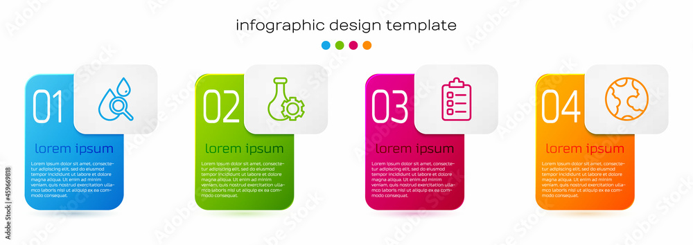 Set line Drop and magnifying glass, Test tube, To do list or planning and Earth globe. Business info