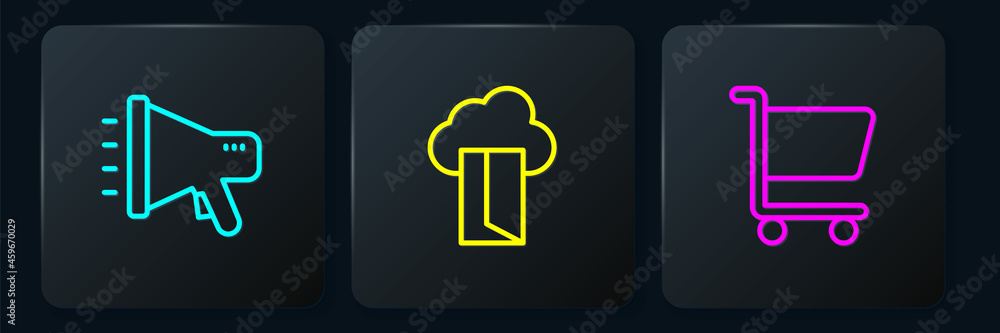 Set line Megaphone, Shopping cart and Cloud database. Black square button. Vector