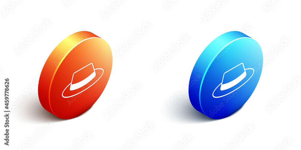 Isometric Man hat with ribbon icon isolated on white background. Orange and blue circle button. Vect