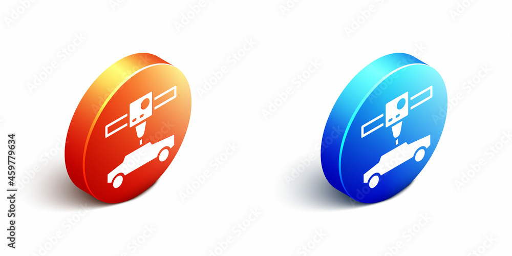 Isometric 3D printer car icon isolated on white background. 3d printing. Orange and blue circle butt