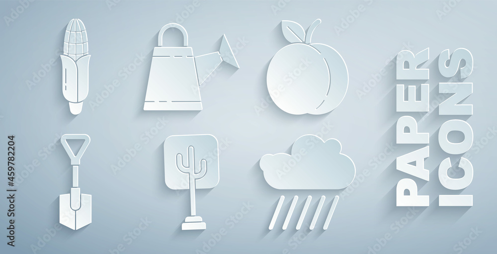 Set Tree，Peach fruit，Shovel，Cloud with rain，Watering can and Corn icon.Vvector（设置树、桃果、铲子、带雨的云、浇水罐和玉米