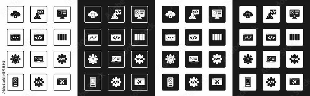 Set UI or UX design, Front end development, Website statistic, Cloud computing lock, Color palette g