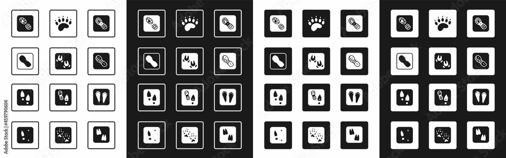 Set Human footprints shoes, Wild boar paw, Bear, Rabbit and hare and icon. Vector